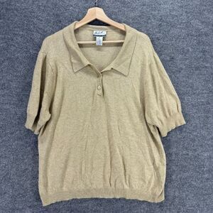 The Look Polo Shirt Women 2X Plus Beige Collared Short Sleeve Button Cotton